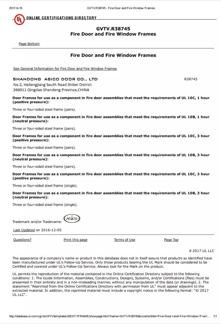 CERTIFICATION ASICO UL METAL FRAME
