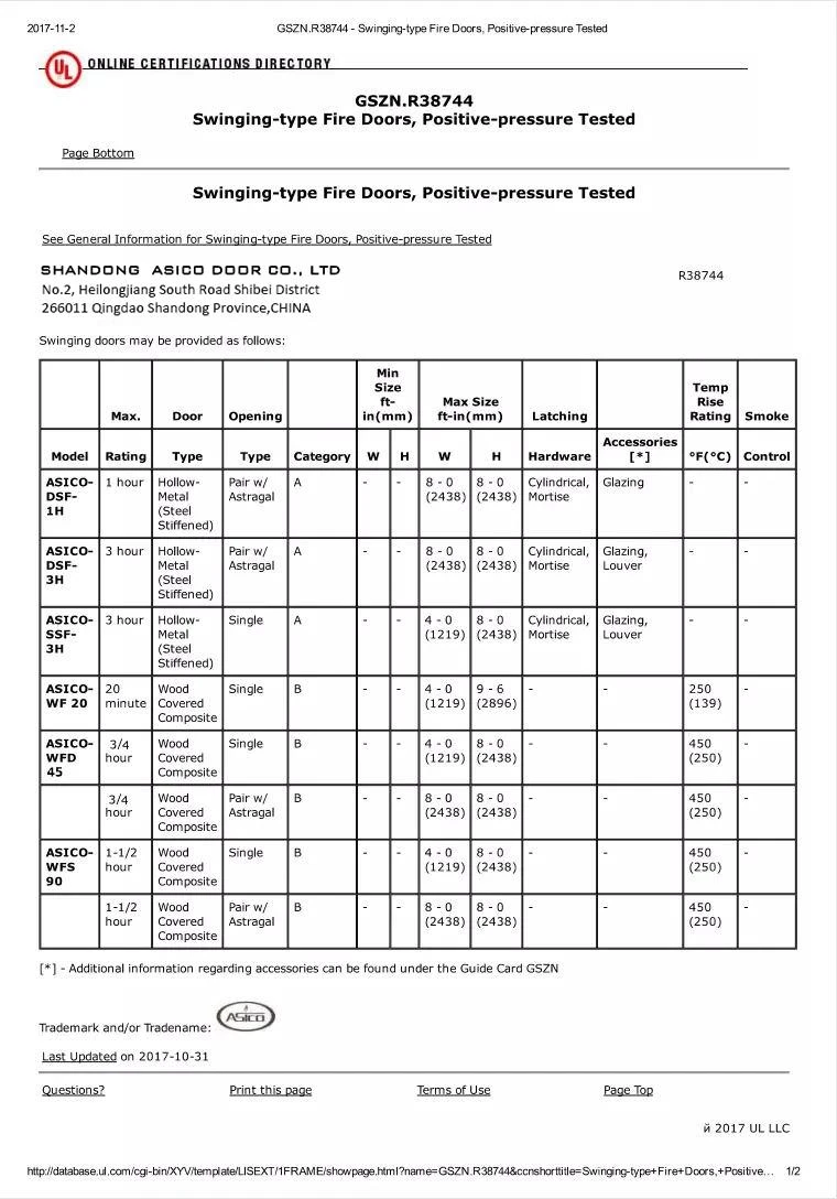 FEUILLE DE PORTE ASICO UL CERTIFICATION_METAL
